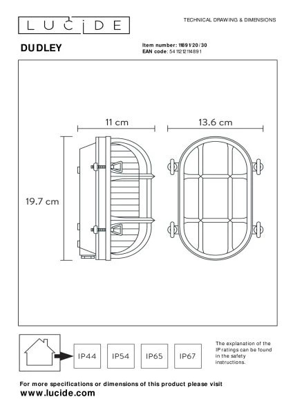 Lucide DUDLEY - Wall light Indoor/Outdoor - 1xE27 - IP65 - Black - technical